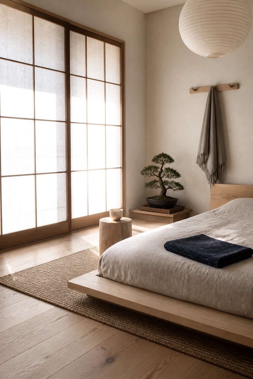 A minimalist bedroom with a low light-wood platform bed dressed in beige linen and a folded dark throw, set beside shoji screens and a bonsai tree.