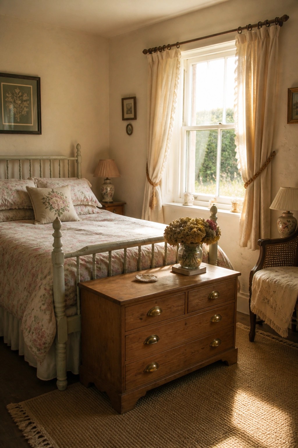 A bedroom featuring a white metal bed with floral bedding and a wooden dresser placed at the foot of the bed in front of a window with light curtains.
