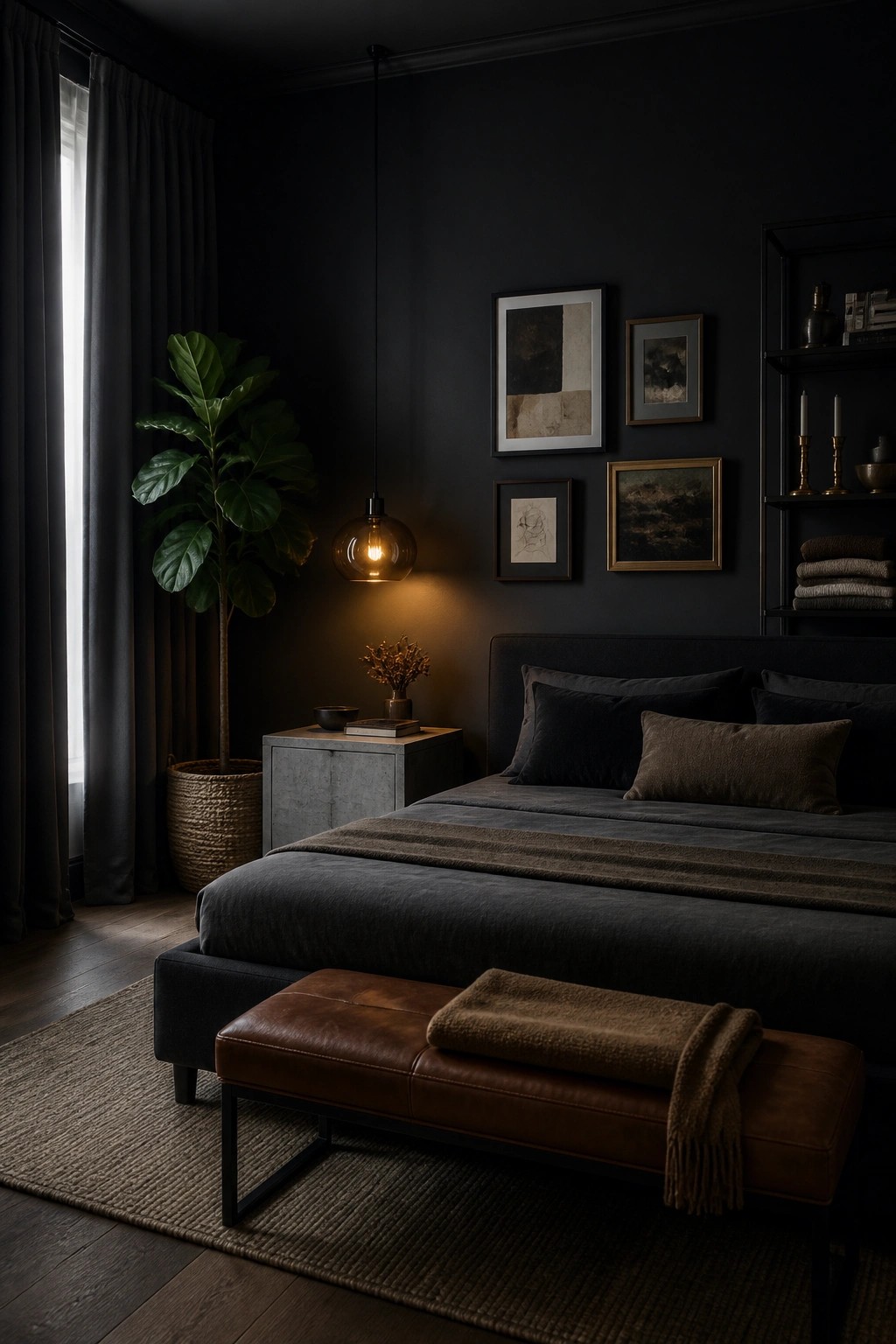A bedroom with black walls, a large bed covered in dark gray and brown bedding, a brown leather bench at the foot of the bed, a hanging pendant light, and a potted plant near a window with dark curtains.