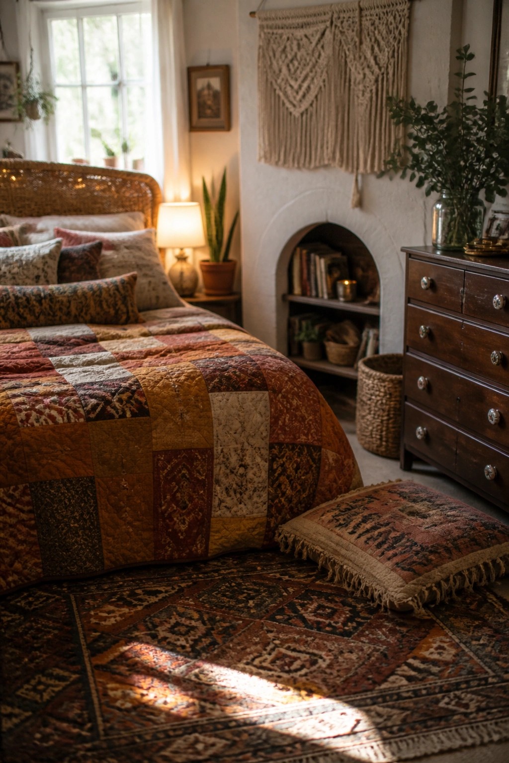 A bedroom with a bed covered by a multicolored patchwork quilt, a patterned rug on the floor, and a wooden dresser next to a fireplace with macrame wall hangings.