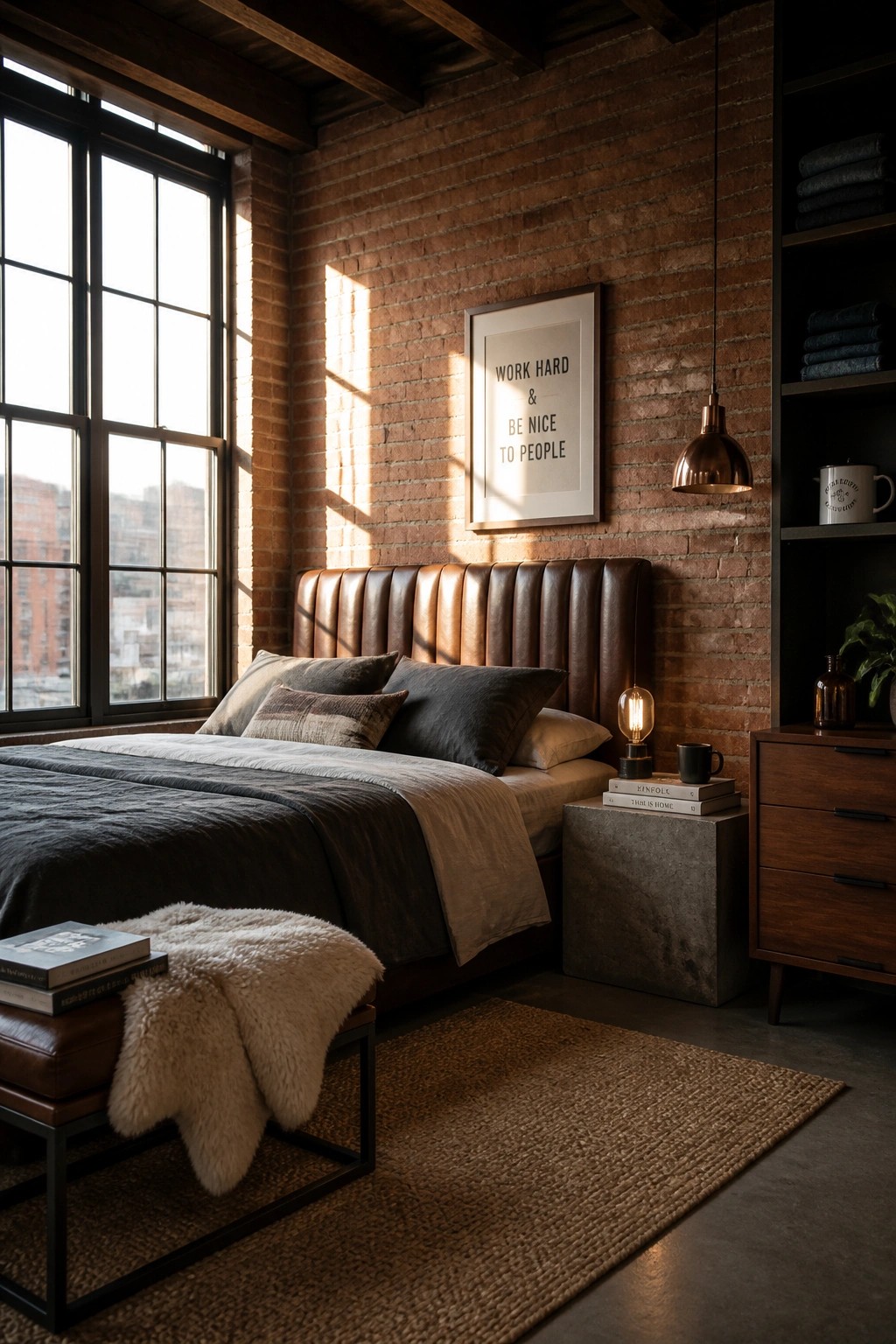 A bedroom with a brown leather headboard against a red brick wall, dark bedding, a large black-framed window on the left, and a woven rug on the floor.