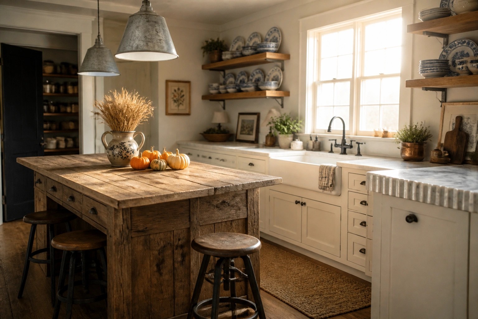 A large wooden kitchen island with a marble section holds small pumpkins and a pitcher of dried wheat, with wooden stools lined up underneath in a bright farmhouse kitchen.
