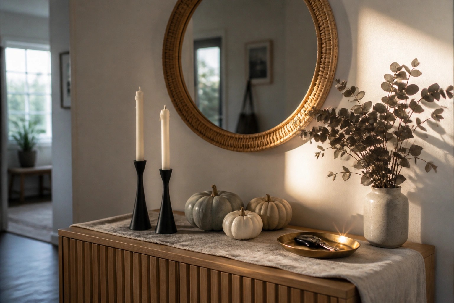 A wooden console table with neutral pumpkins, black candle holders, a vase of dried foliage, and a round woven mirror on the wall above.