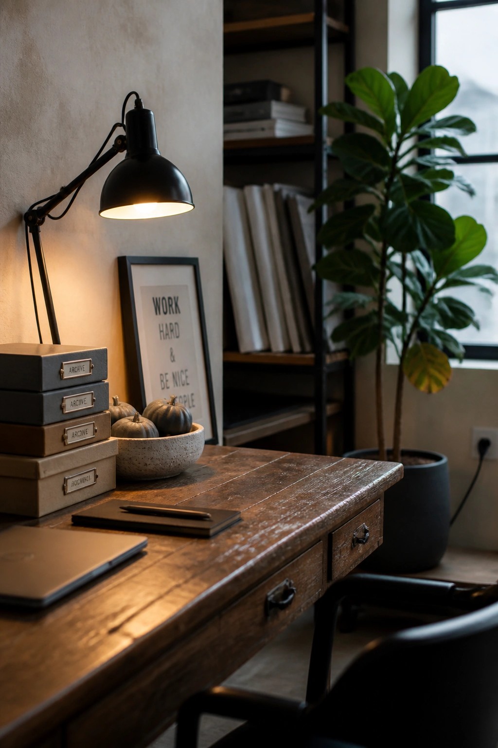 A wooden desk in a neutral-toned home office holds stacked document boxes, a bowl of small gray pumpkins, a black adjustable lamp, and a framed print on the wall behind it.