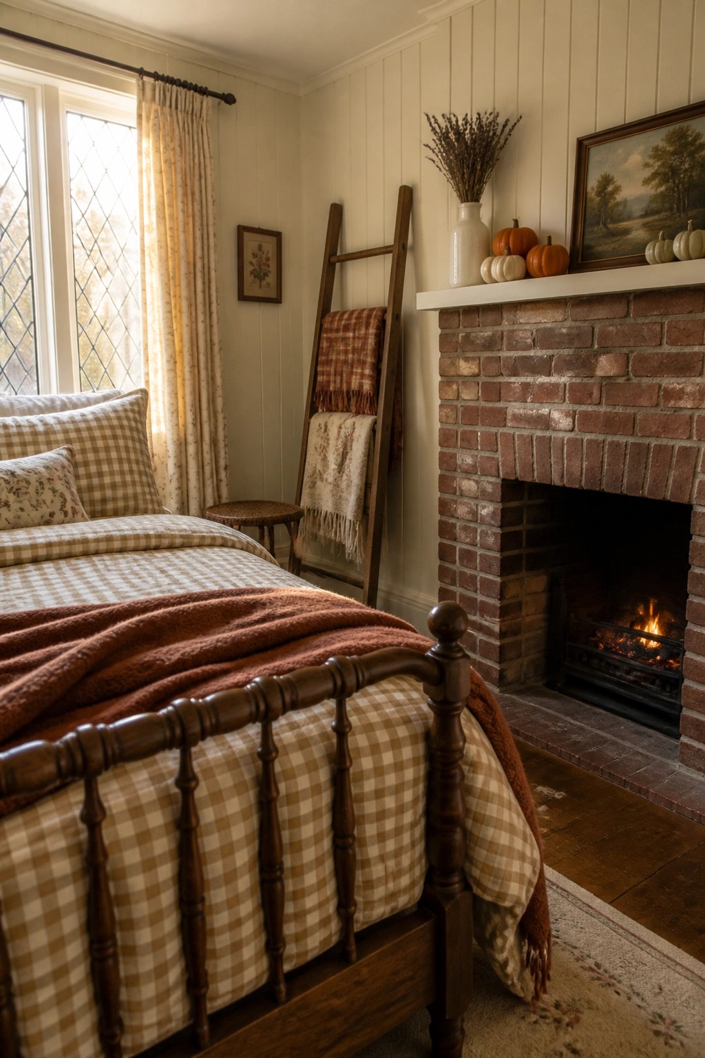 Cozy bedroom with gingham bedding, wooden ladder, and brick fireplace with pumpkins