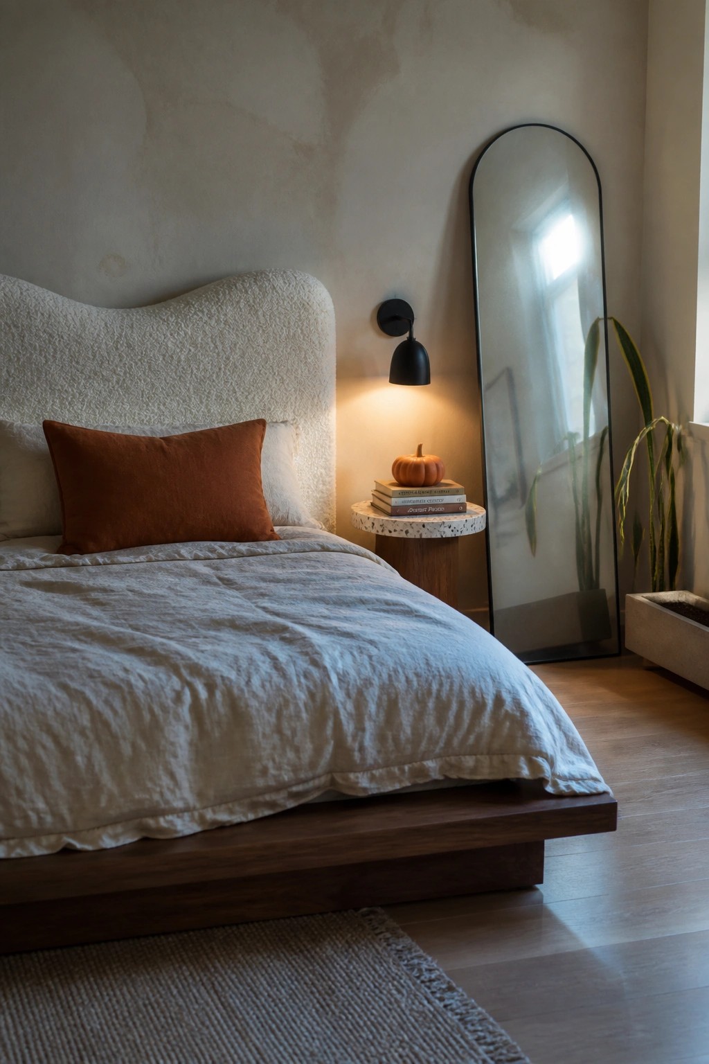 A bedroom with a low wooden platform bed dressed in white linens and an orange pillow, next to a round side table holding stacked books and a small pumpkin.