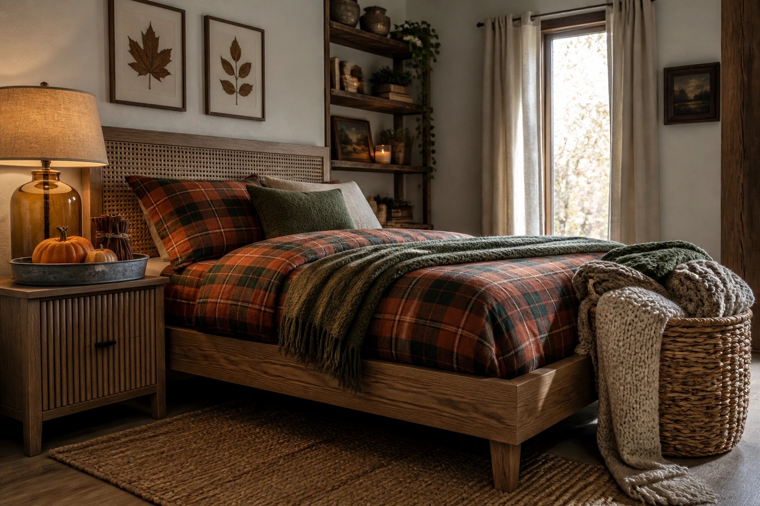 A bedroom featuring a bed with green and orange plaid bedding, a wooden nightstand holding small pumpkins, framed botanical prints above the headboard, and a window with sheer curtains.