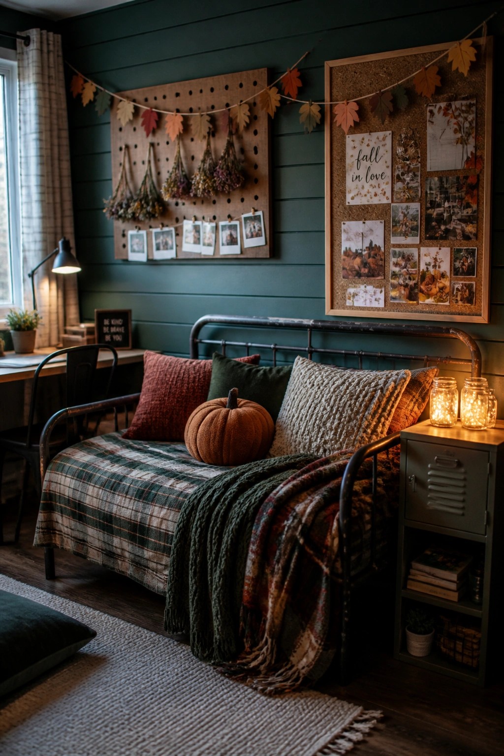 A bedroom interior with dark green walls, a metal bed dressed in plaid bedding and a pumpkin, and two large boards on the wall displaying photos, dried flowers, and paper leaves.