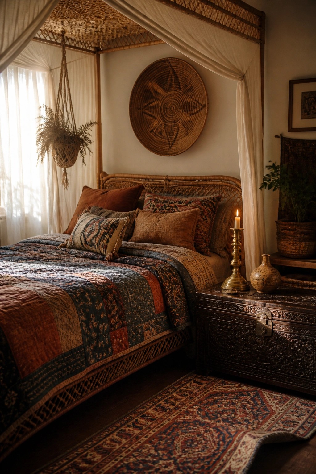 A bedroom featuring a rattan bed with a patchwork quilt in autumn tones and multiple pillows, beside a carved wooden chest holding a lit candle.