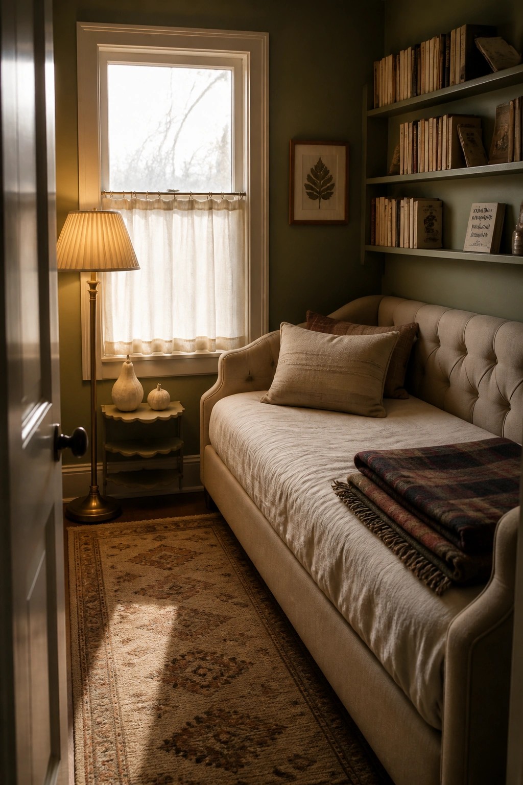 A daybed in a green-walled room is layered with neutral pillows and a folded plaid throw, next to a window and a lit floor lamp.