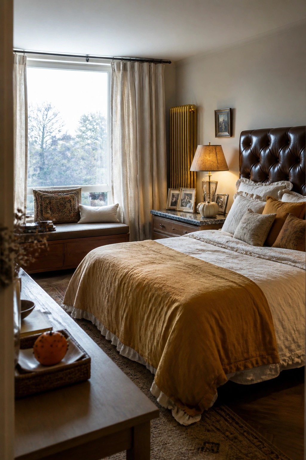 Cozy bedroom with tufted brown headboard, mustard throw, nightstand, and window seat.