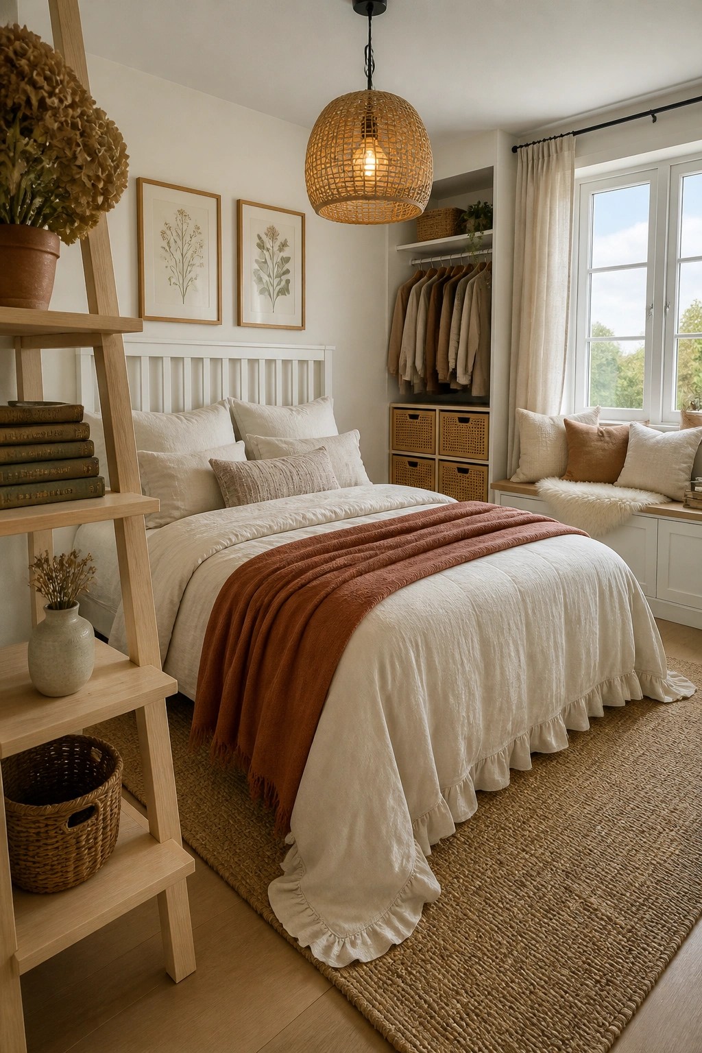 A bedroom featuring a bed with white ruffled bedding layered with a terracotta throw, a woven pendant light overhead, and a wooden ladder shelf beside the bed.