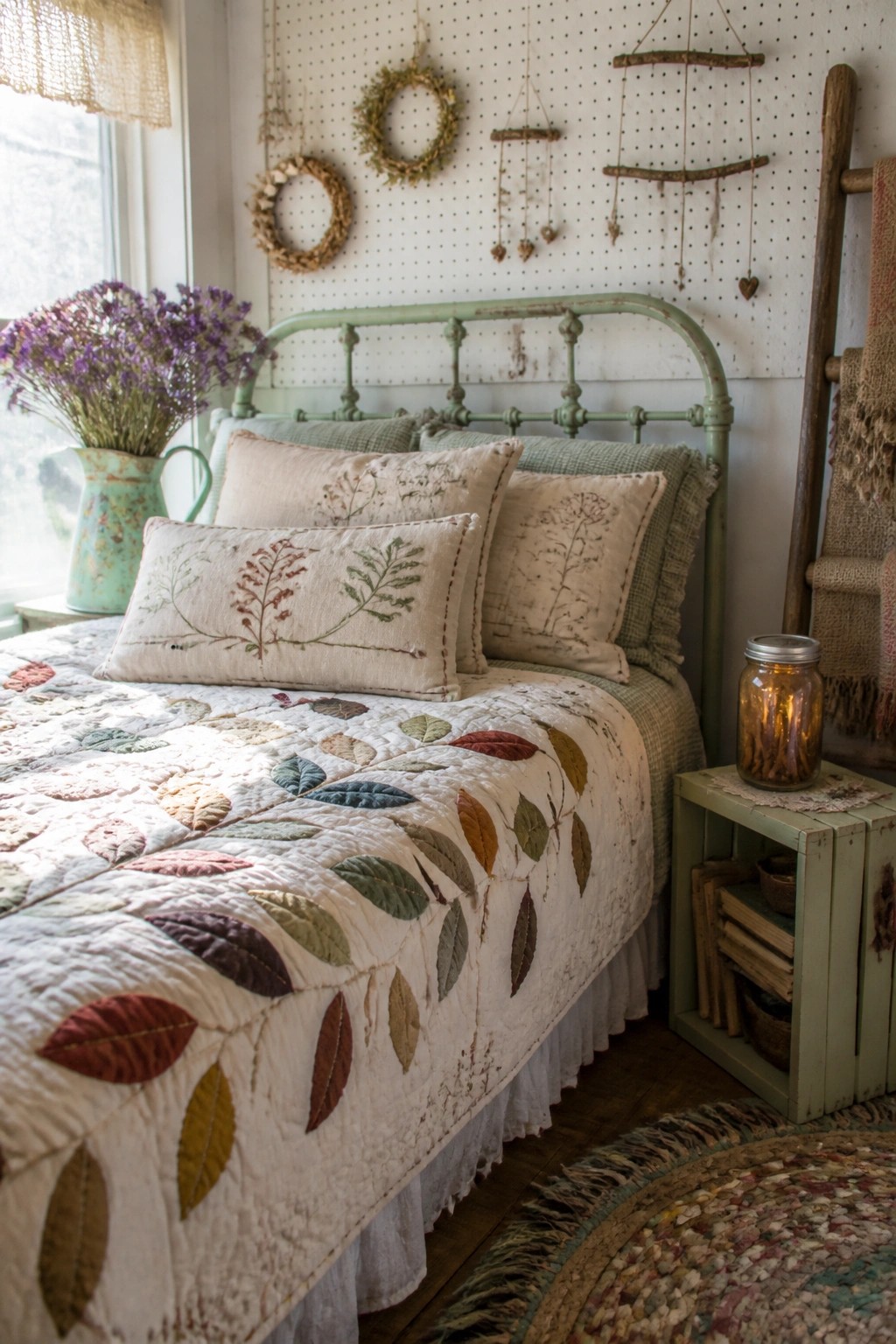 A bedroom featuring a green metal bed frame dressed with a white quilt appliqued with colorful autumn leaves, along with embroidered pillows and rustic wall hangings.