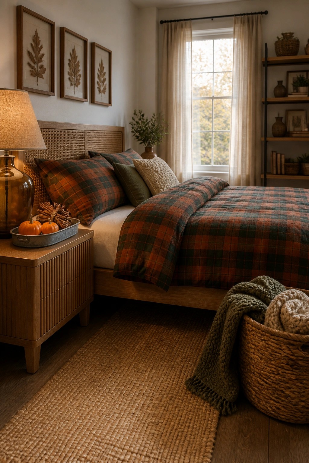 A bedroom featuring a bed with green and orange plaid bedding, a wooden nightstand holding small pumpkins, framed botanical prints above the headboard, and a window with sheer curtains.