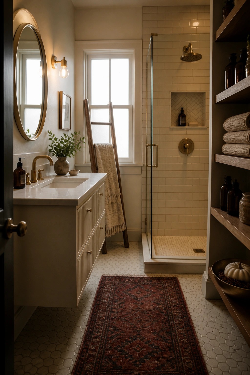 A bathroom with a red patterned rug on white hexagonal tile, a floating vanity with round mirror, and a glass shower enclosure.