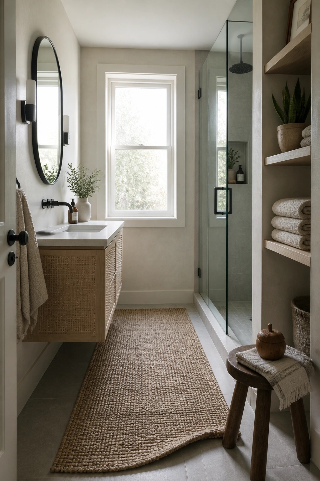 A narrow bathroom featuring a long woven jute rug on light tile flooring, a floating wood vanity with a round mirror, and a glass-enclosed shower.