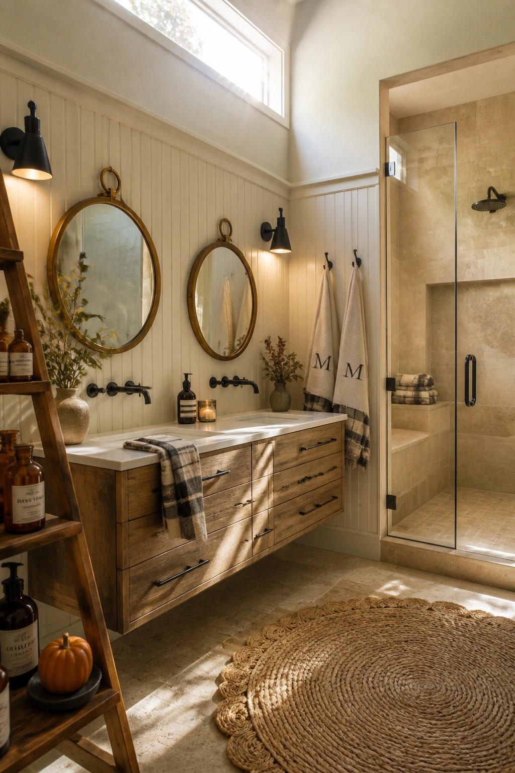 A modern bathroom with a floating wood vanity, two round mirrors, black fixtures, a glass shower, and a large round woven jute rug on the floor.