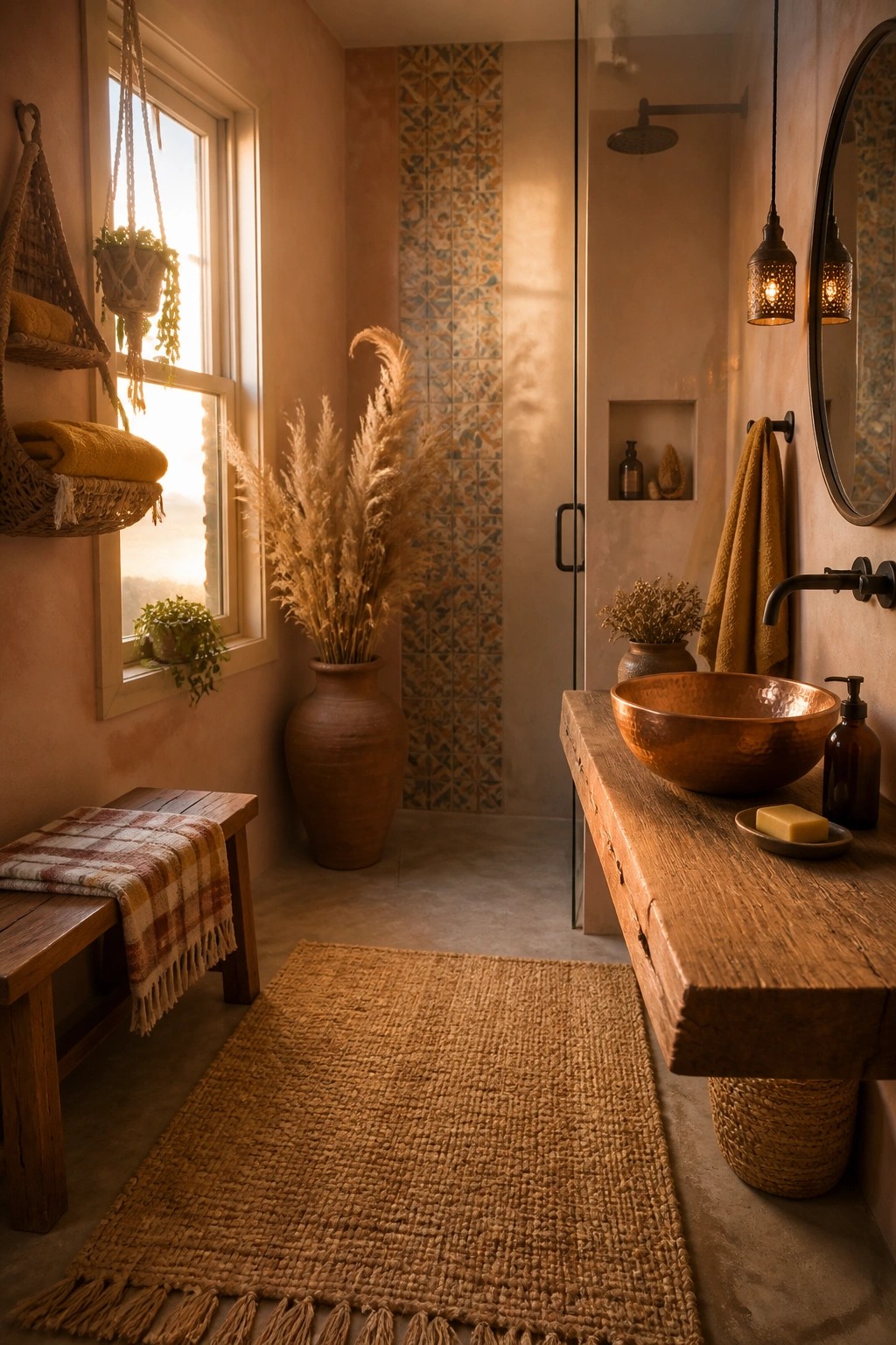 A bathroom interior with terracotta walls, a wooden vanity topped by a copper sink, a large jute rug, woven wall baskets, and dried grasses in a clay vase.