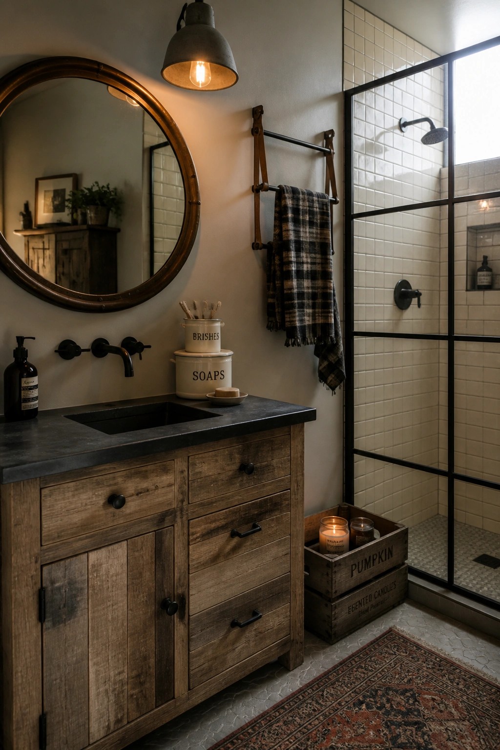 A bathroom with a rustic wooden vanity, dark stone countertop, round mirror, black faucet, plaid towel on a leather strap rack, and lit candles inside wooden crates beside a tiled walk-in shower.