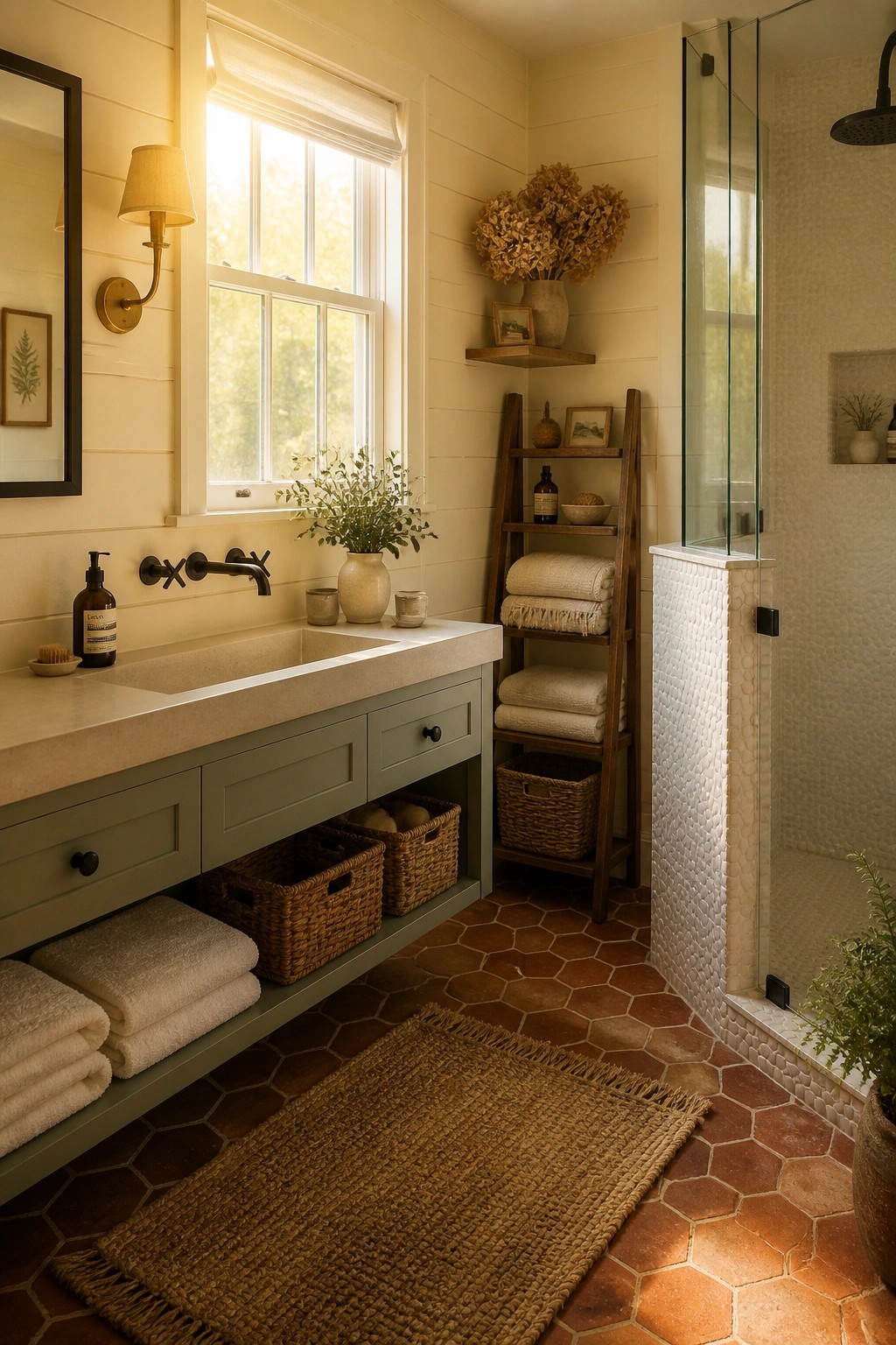 A bathroom interior featuring terracotta hexagon floor tiles, a green vanity with woven baskets underneath, and a jute rug on the floor.