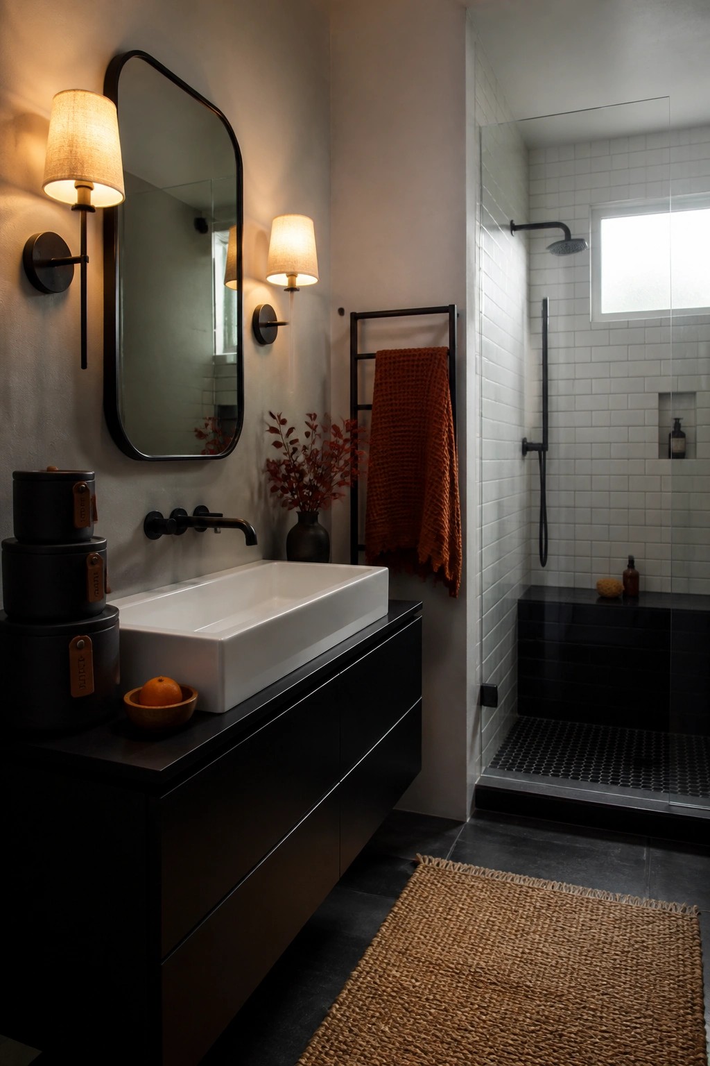 Modern bathroom with white sink on black vanity, mirror, sconces, and orange towel.