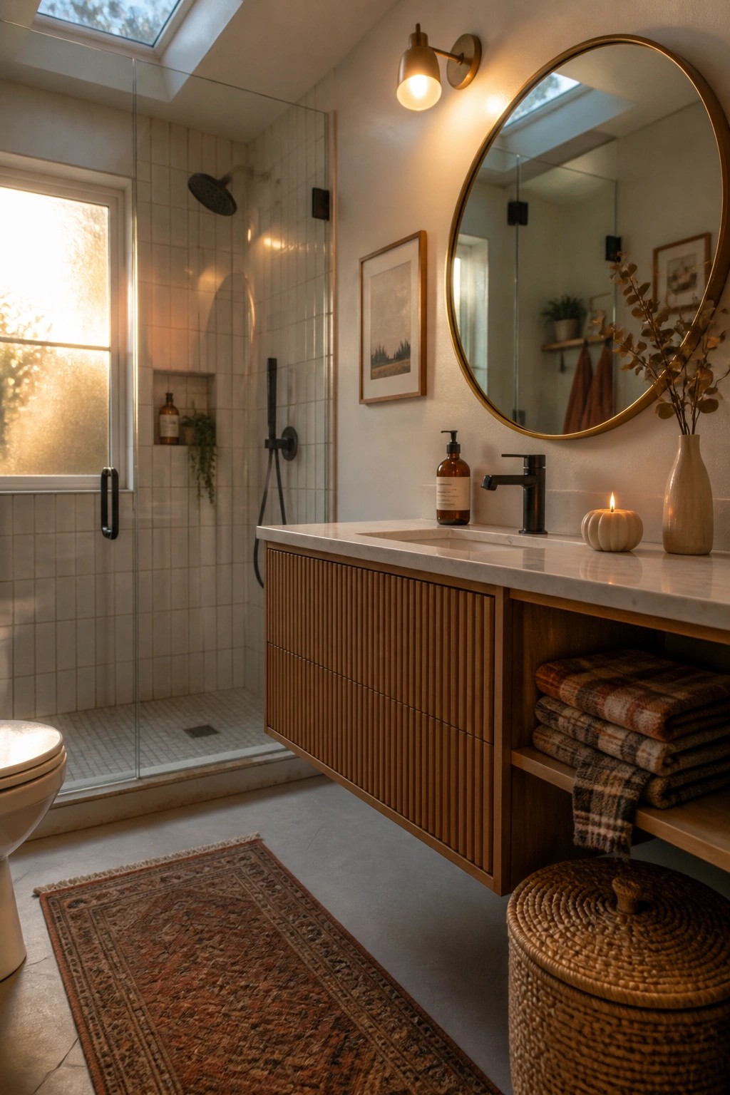 A bathroom with a floating wooden vanity, marble countertop, round mirror, and plaid towels stacked on open shelves.
