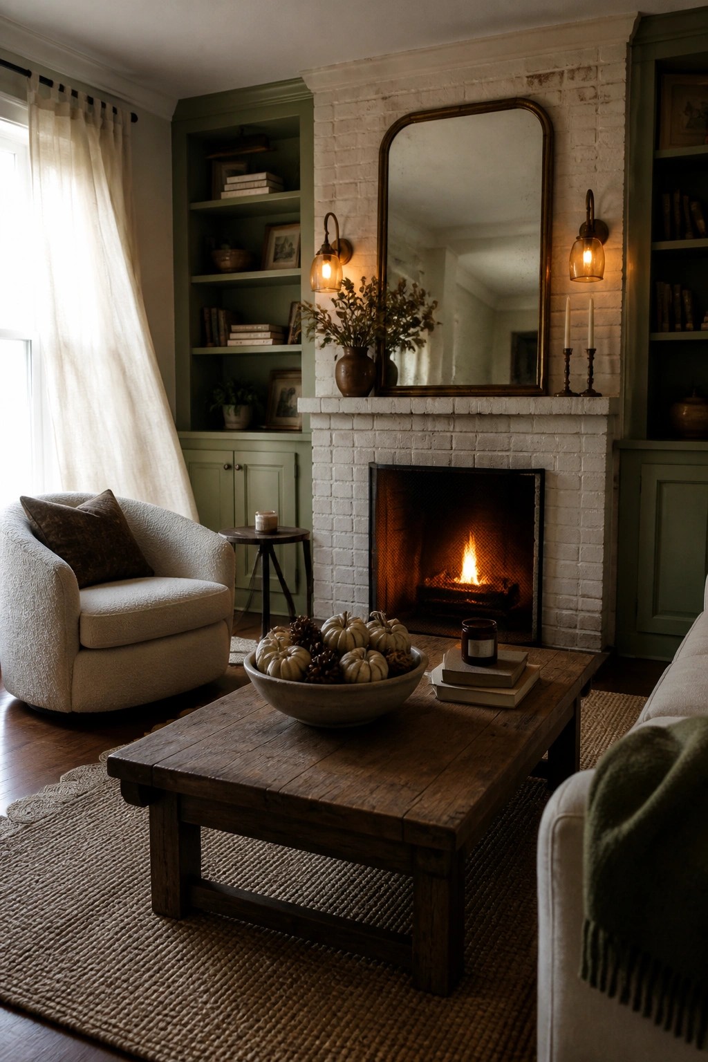 A cozy living room features a white brick fireplace with a burning fire, green built-in shelves, and a rustic wooden coffee table holding a bowl of small white pumpkins and pinecones.