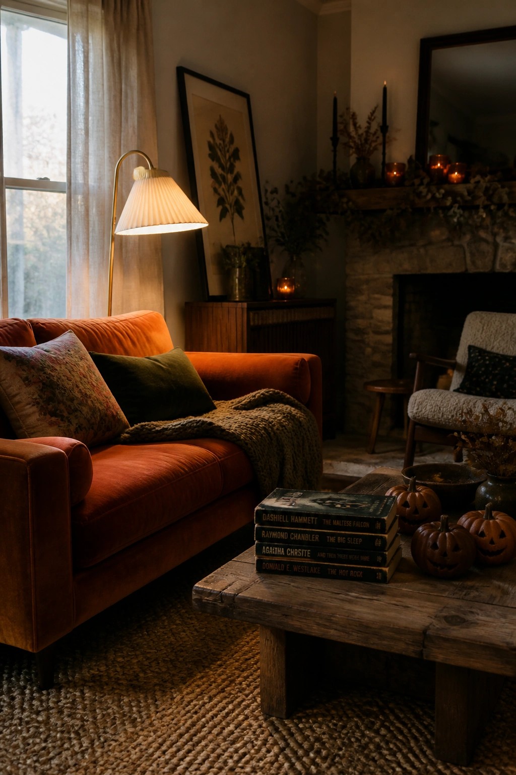 Cozy living room with orange sofa, stacked mystery books, and jack-o'-lanterns on table.