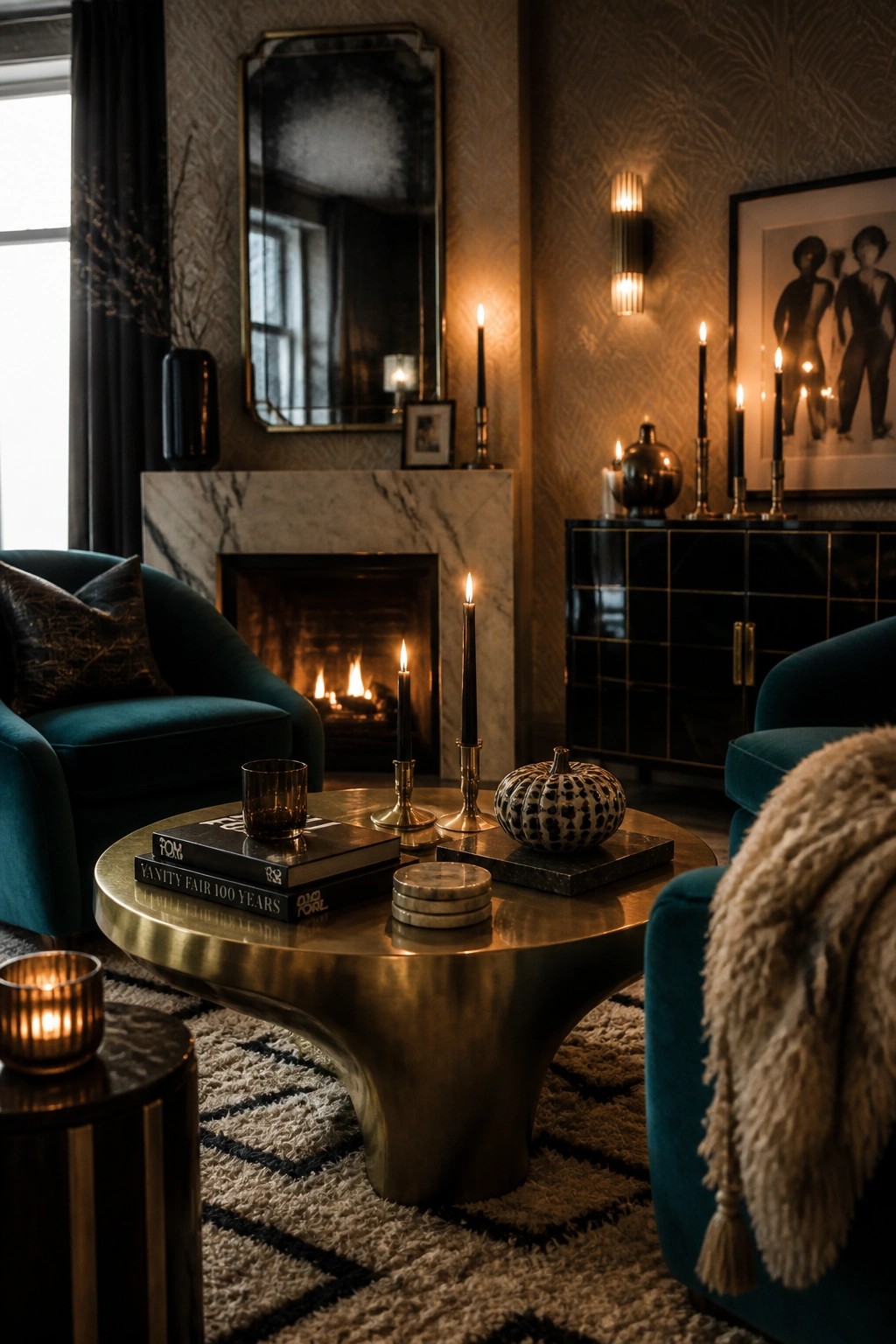 A living room with teal armchairs, a round brass coffee table holding lit candles and books, a marble fireplace with more candles, and patterned wallpaper.