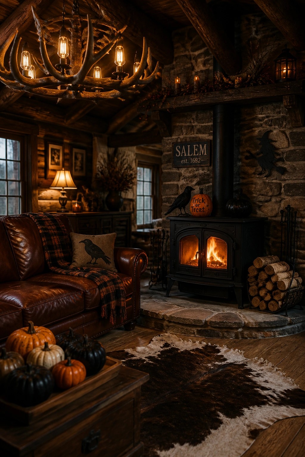 A rustic living room with a lit black wood stove on a stone hearth, surrounded by pumpkins, a crow figure, and autumn garland.