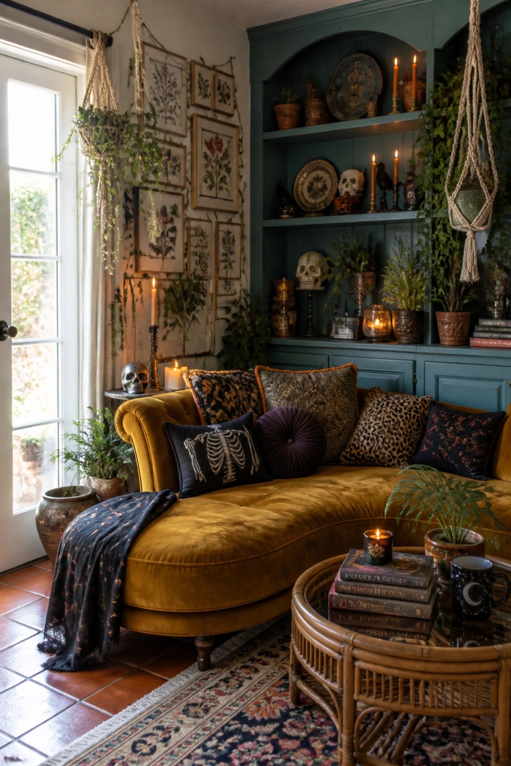 Eclectic living room with mustard velvet sofa, skull pillow, teal shelves, and lit candles