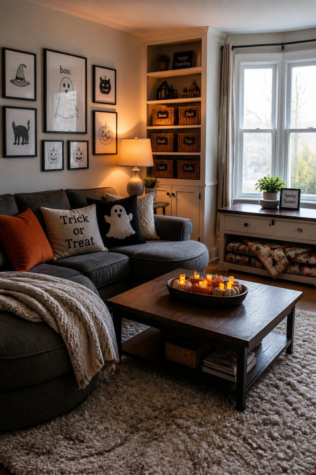 A living room corner with a gray sectional sofa, gallery wall of Halloween prints, built-in shelves holding labeled baskets, and a wooden coffee table with small lit pumpkins.