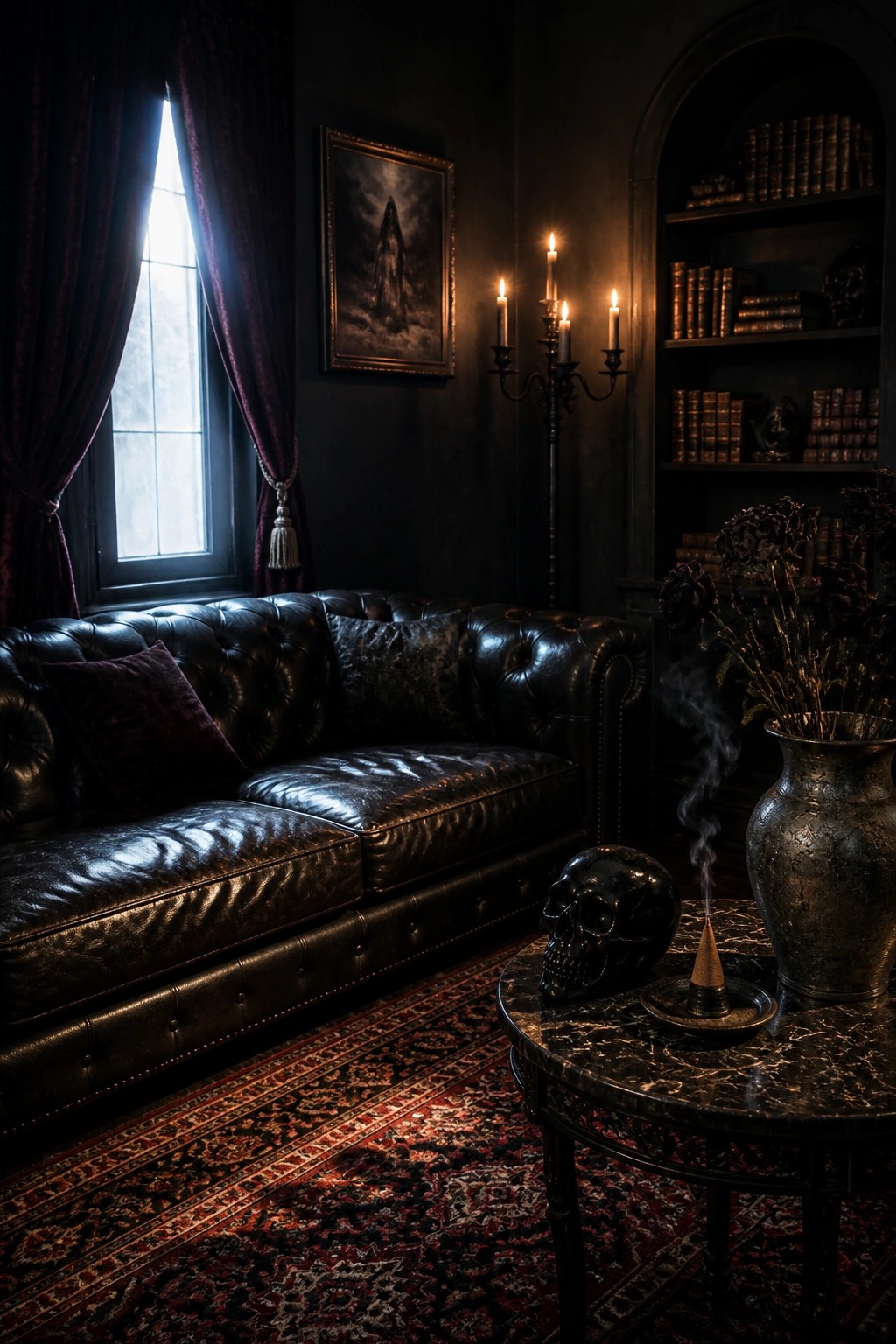 A dark living room with a black tufted leather sofa, lit candelabra, skull incense burner on a marble table, and purple velvet curtains beside a window.