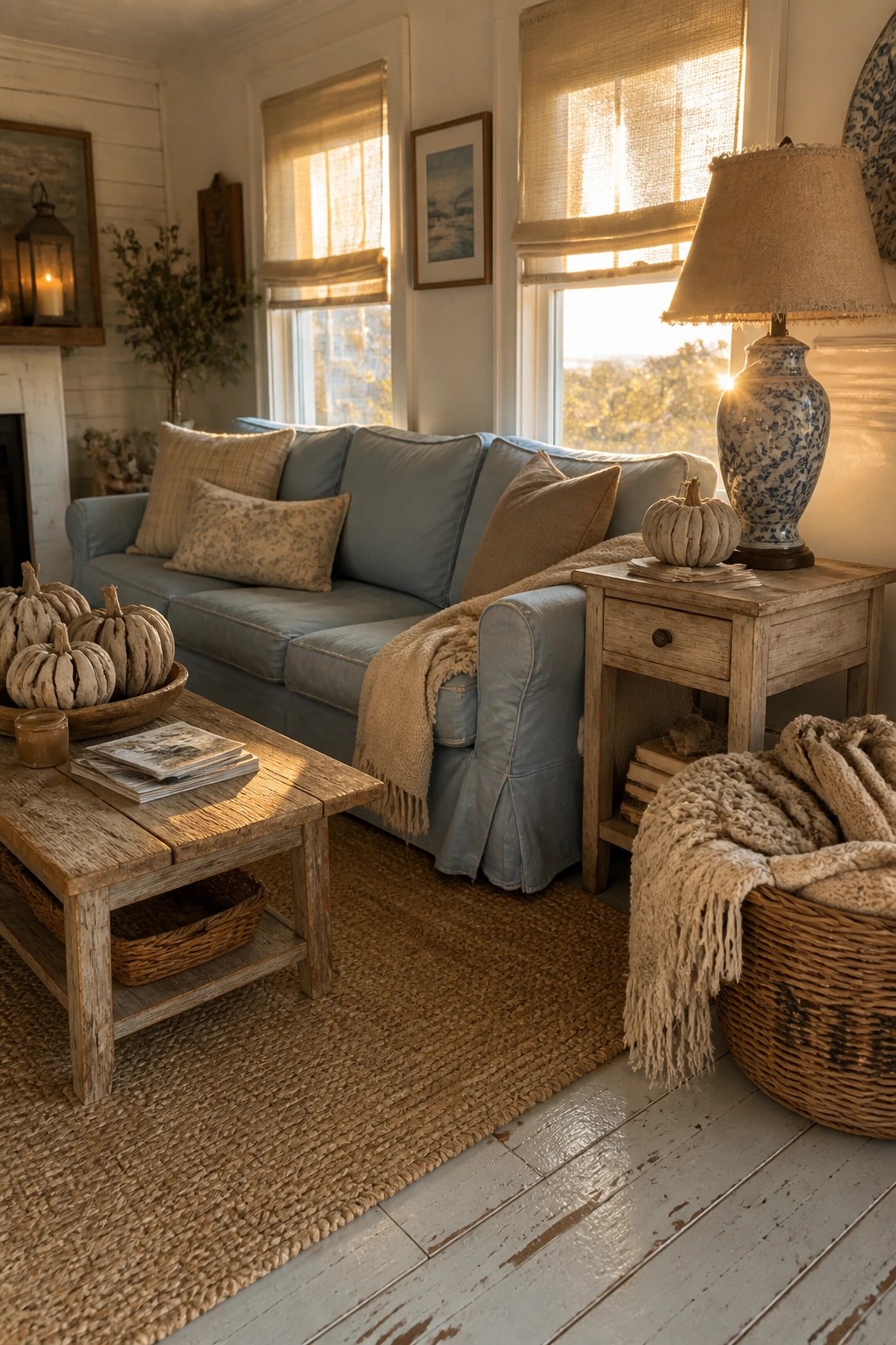 A living room with a light blue sofa, wooden coffee table holding stacked magazines and small pumpkins, a jute rug, and sunlight through linen shades.