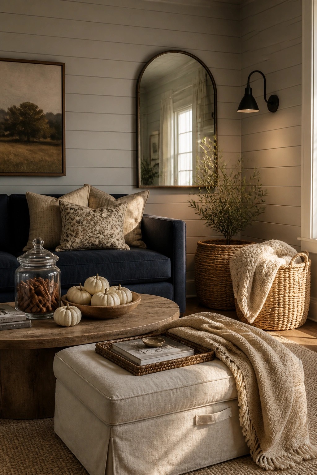 Cozy living room with navy sofa, white pumpkins on table, arched mirror, and woven accents