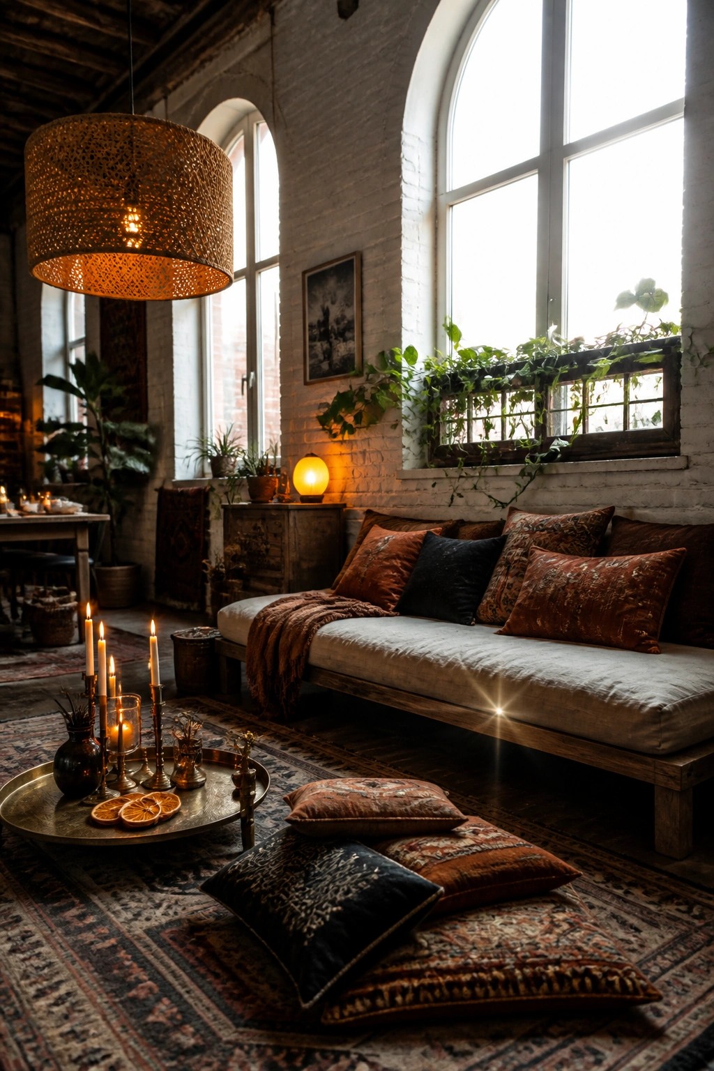 A living room with a wooden daybed covered in patterned pillows, a round metal tray holding lit candles and dried orange slices on a patterned rug, and large arched windows in a white brick wall.