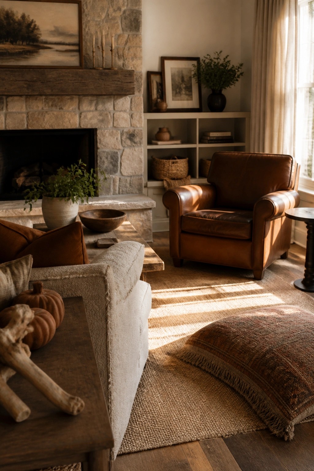 A living room featuring a large stone fireplace, brown leather armchair, light fabric sofa, layered rugs, and small pumpkins on a wooden table.
