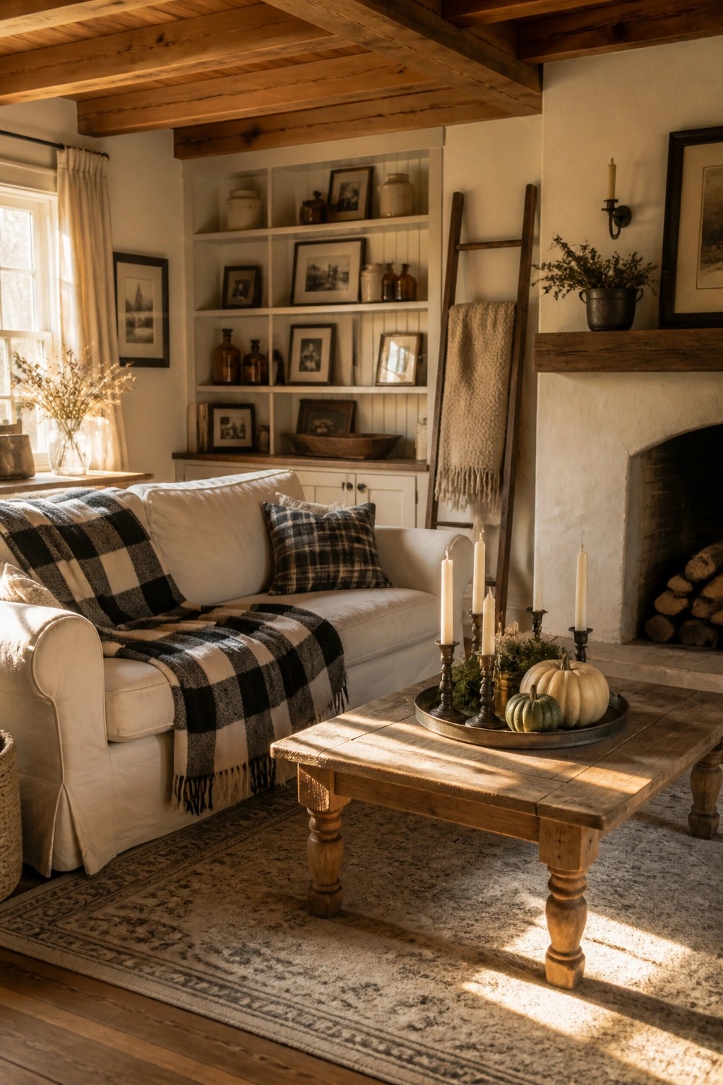 Cozy farmhouse living room with white sofa, plaid blanket, pumpkins, and fireplace.
