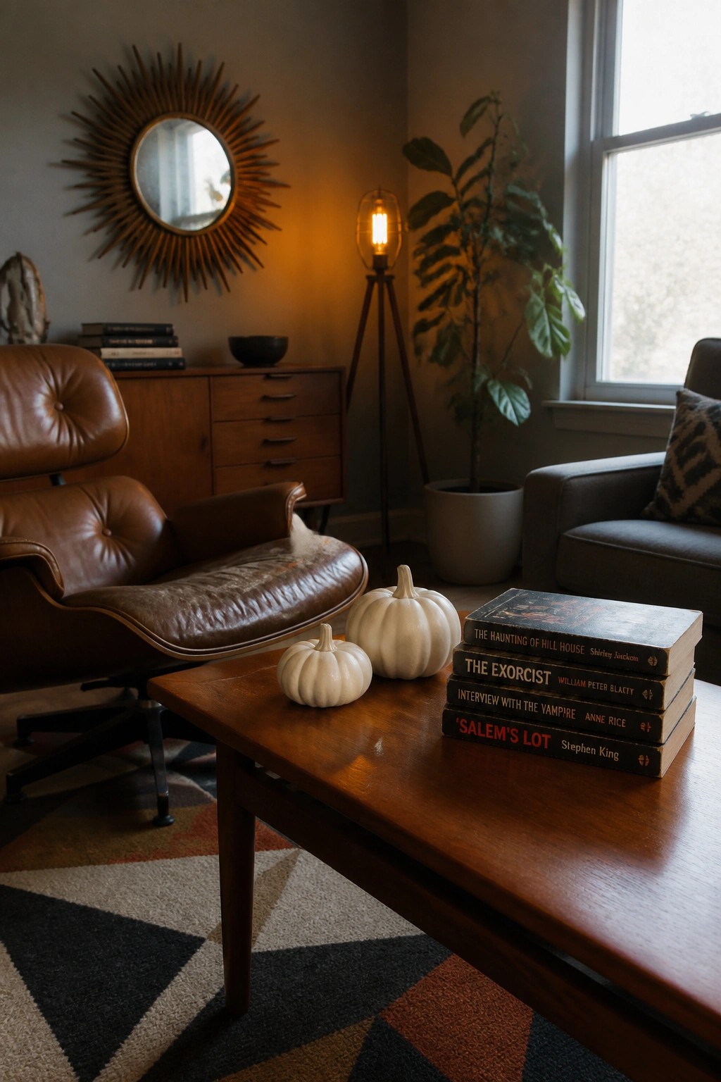 A living room with a wooden coffee table holding a stack of horror books and two white pumpkins, next to a brown leather lounge chair.