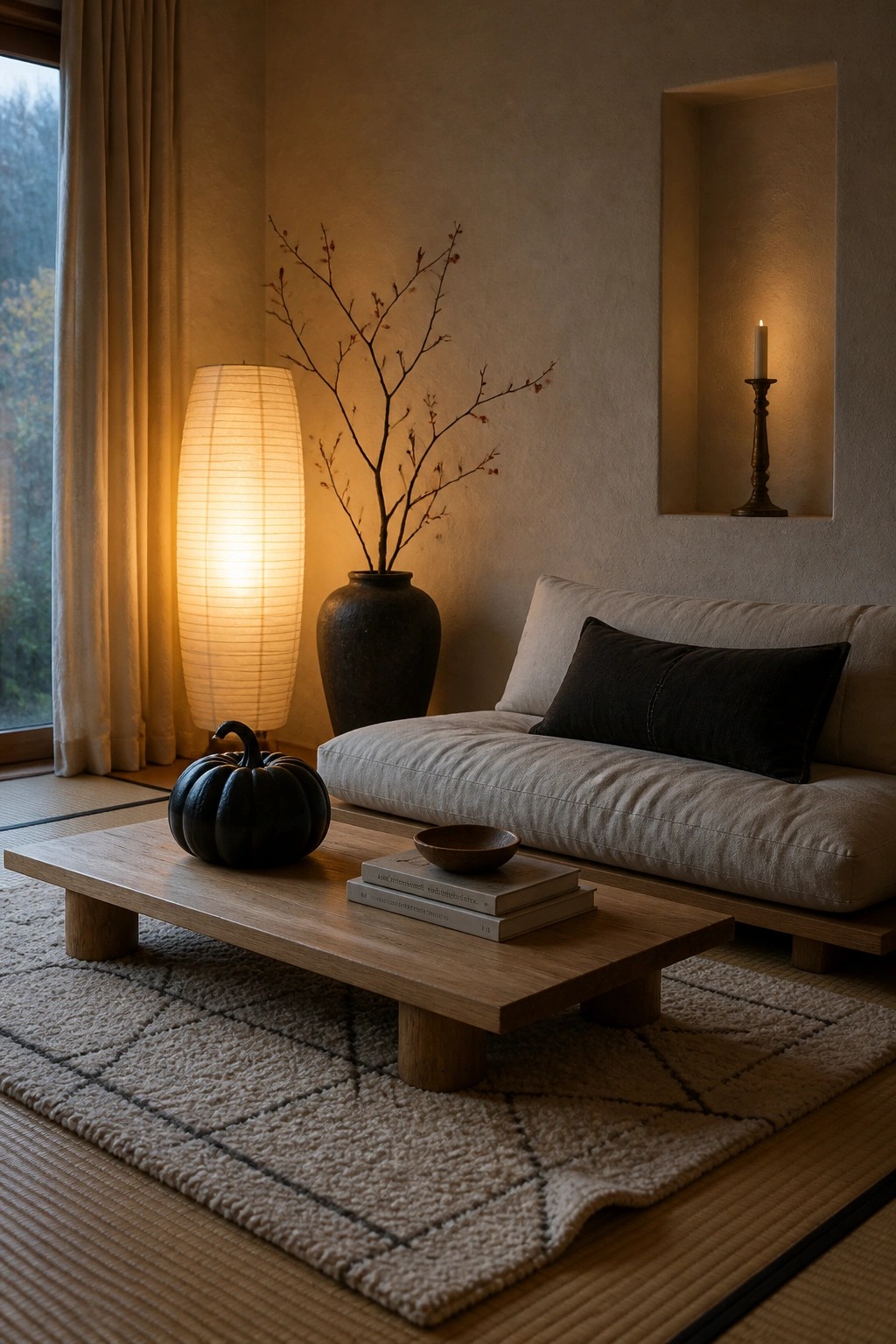 A minimalist living room features a low wooden coffee table with a black pumpkin, stacked books, and a small bowl on a textured rug, next to a light sofa and a tall glowing paper lantern with bare branches in a dark vase.
