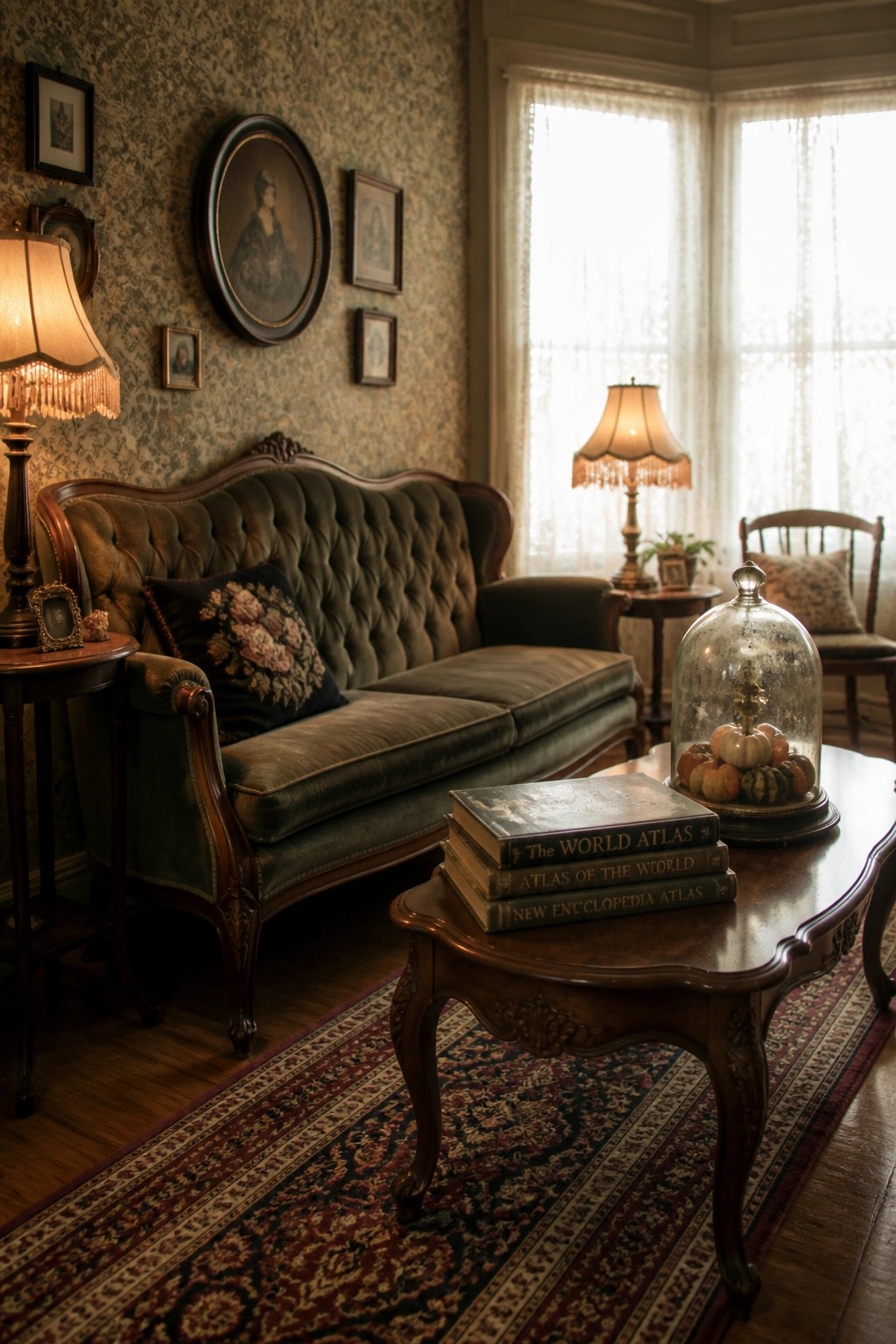 Victorian parlor with green tufted sofa, stacked atlases, and pumpkin cloche on table
