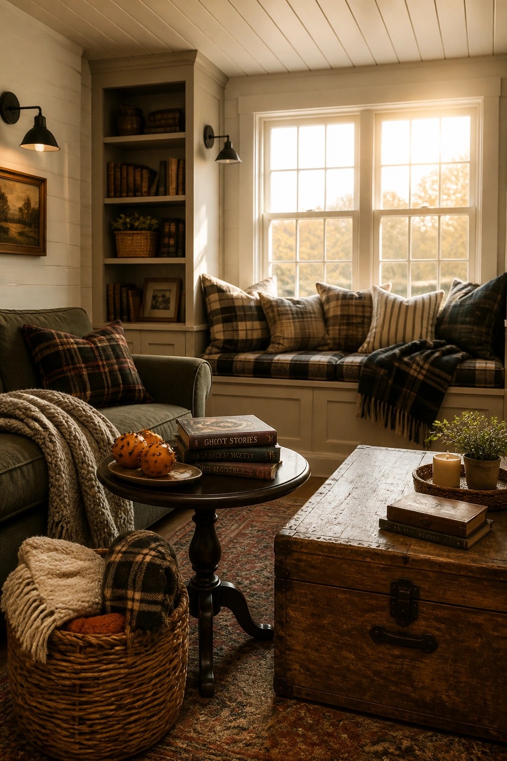 Cozy reading nook with plaid pillows, window seat, books, wooden chest, and warm light.