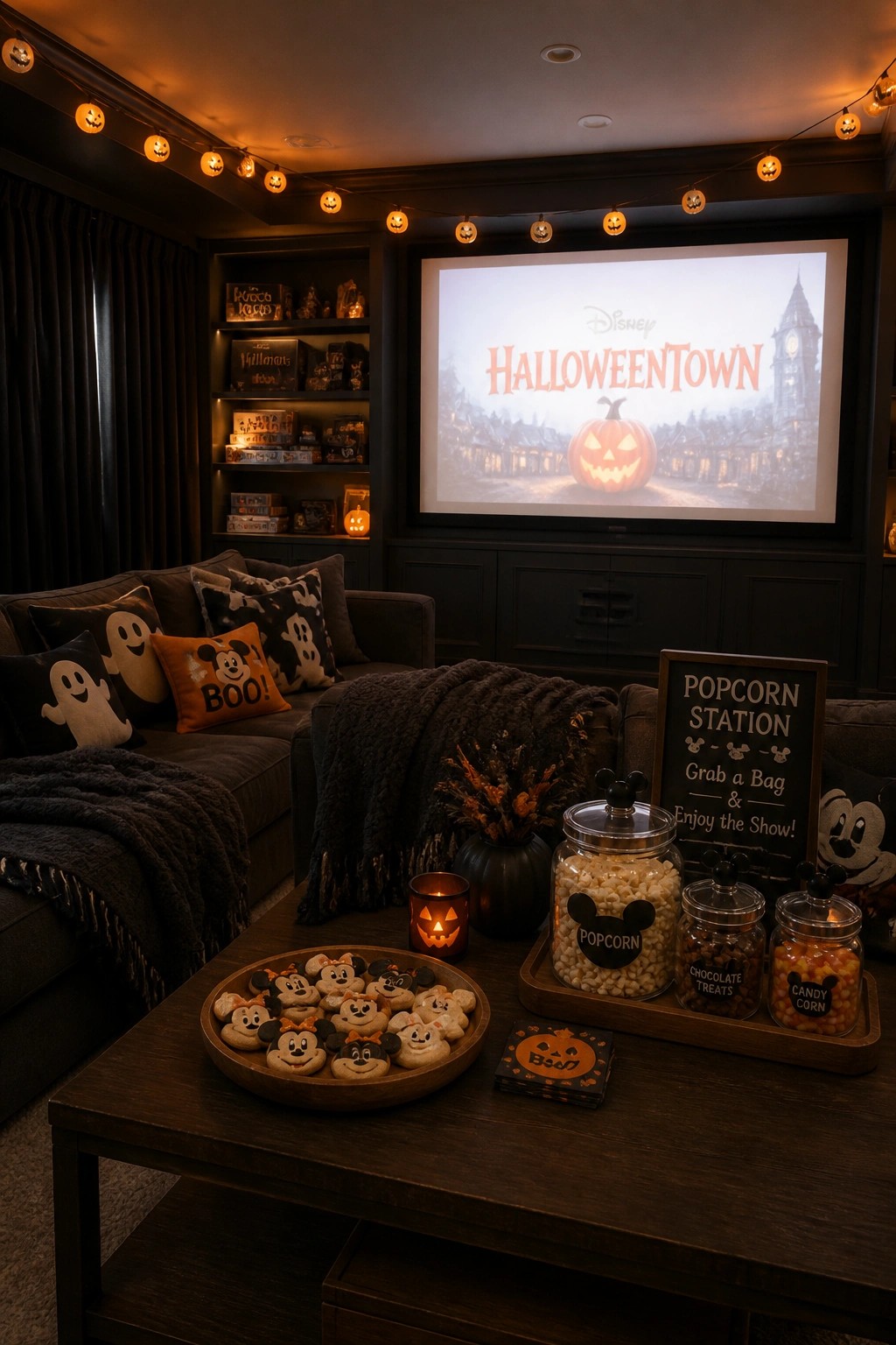 A cozy living room with a coffee table holding a bowl of cookies, a wooden tray with labeled popcorn and candy jars, and a popcorn station sign in front of a large screen showing a Disney Halloween movie.
