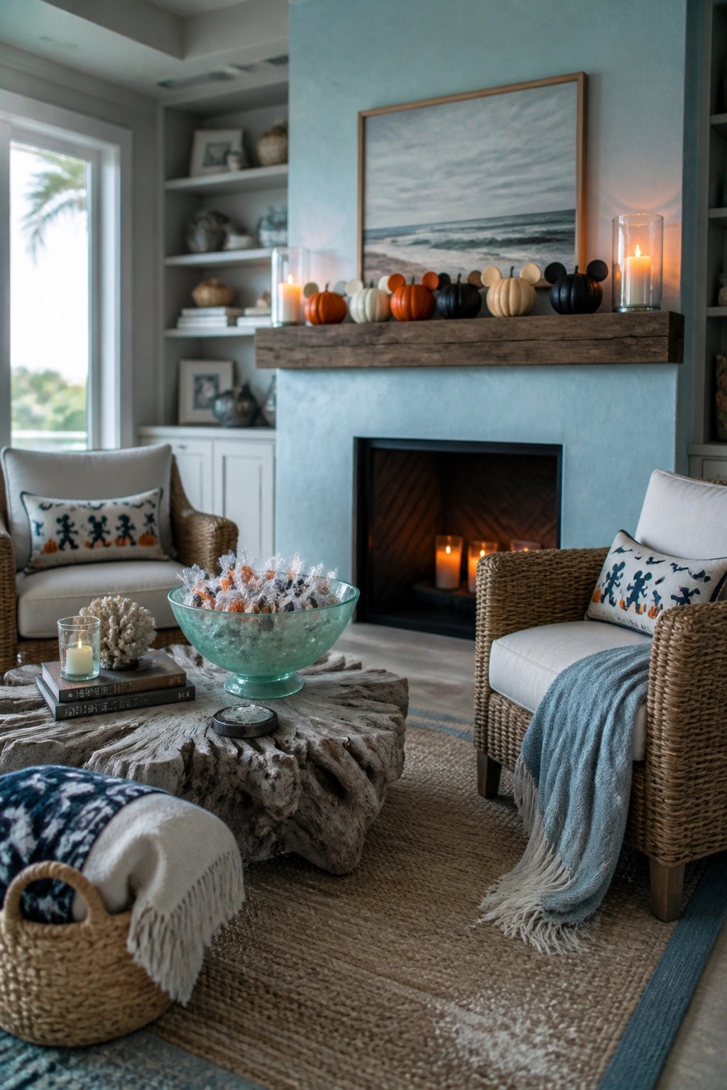 A living room featuring a fireplace with a wooden mantel lined with small pumpkins, some shaped like Mickey Mouse heads, two upholstered chairs with patterned pillows, and a rustic wood coffee table holding a glass bowl of candy.