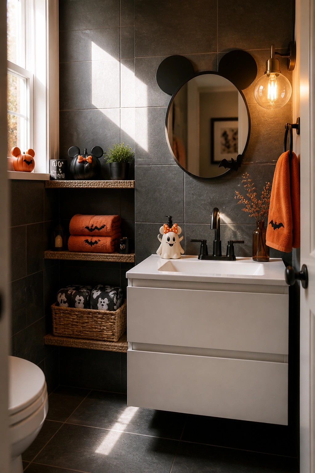A bathroom with dark gray tile walls, a white floating vanity, a round mirror framed with Mickey Mouse ears, orange towels with bat patterns, and Halloween-themed items on woven shelves.