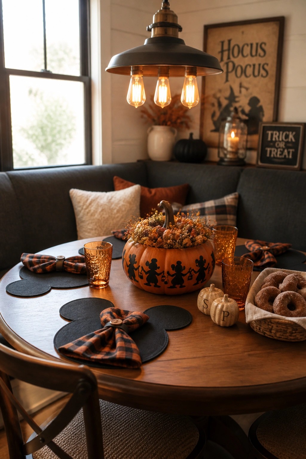 A round wooden dining table features a large orange pumpkin decorated with black Disney character silhouettes, black Mickey Mouse ear-shaped placemats, plaid napkins, and amber glassware, with a gray couch and Halloween signs visible in the background.