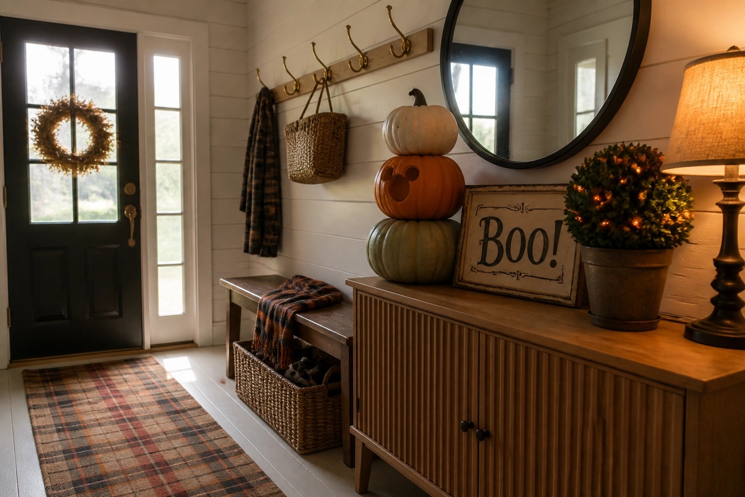 An entryway with a wooden console table holding stacked pumpkins and a sign, plus a woven basket of shoes stored underneath and a wooden bench beside it.