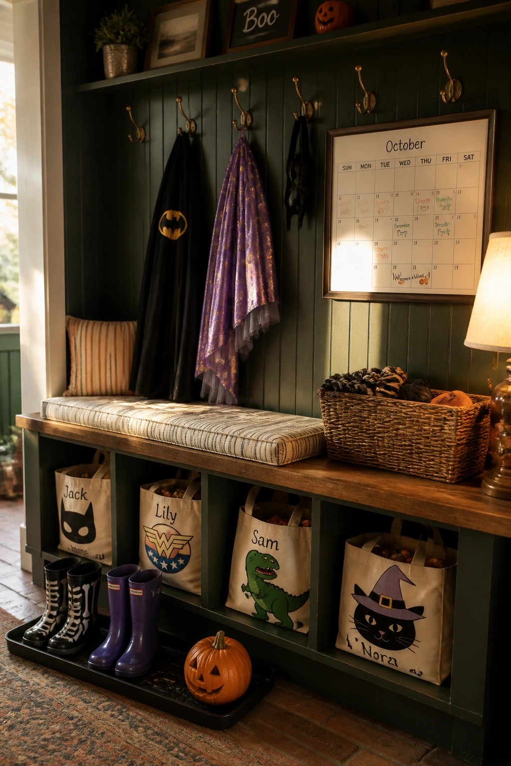 A green entryway bench with striped cushion and lower cubbies holding personalized character tote bags, rain boots on a tray, a woven basket, and an October calendar on the dark green wall.