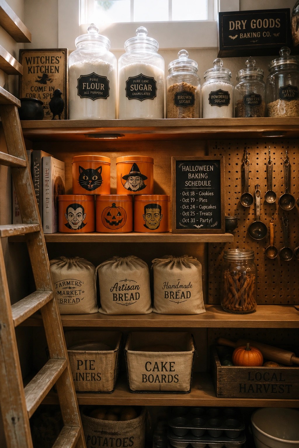 Rustic pantry shelves with flour jars, Halloween tins, and baking supplies.
