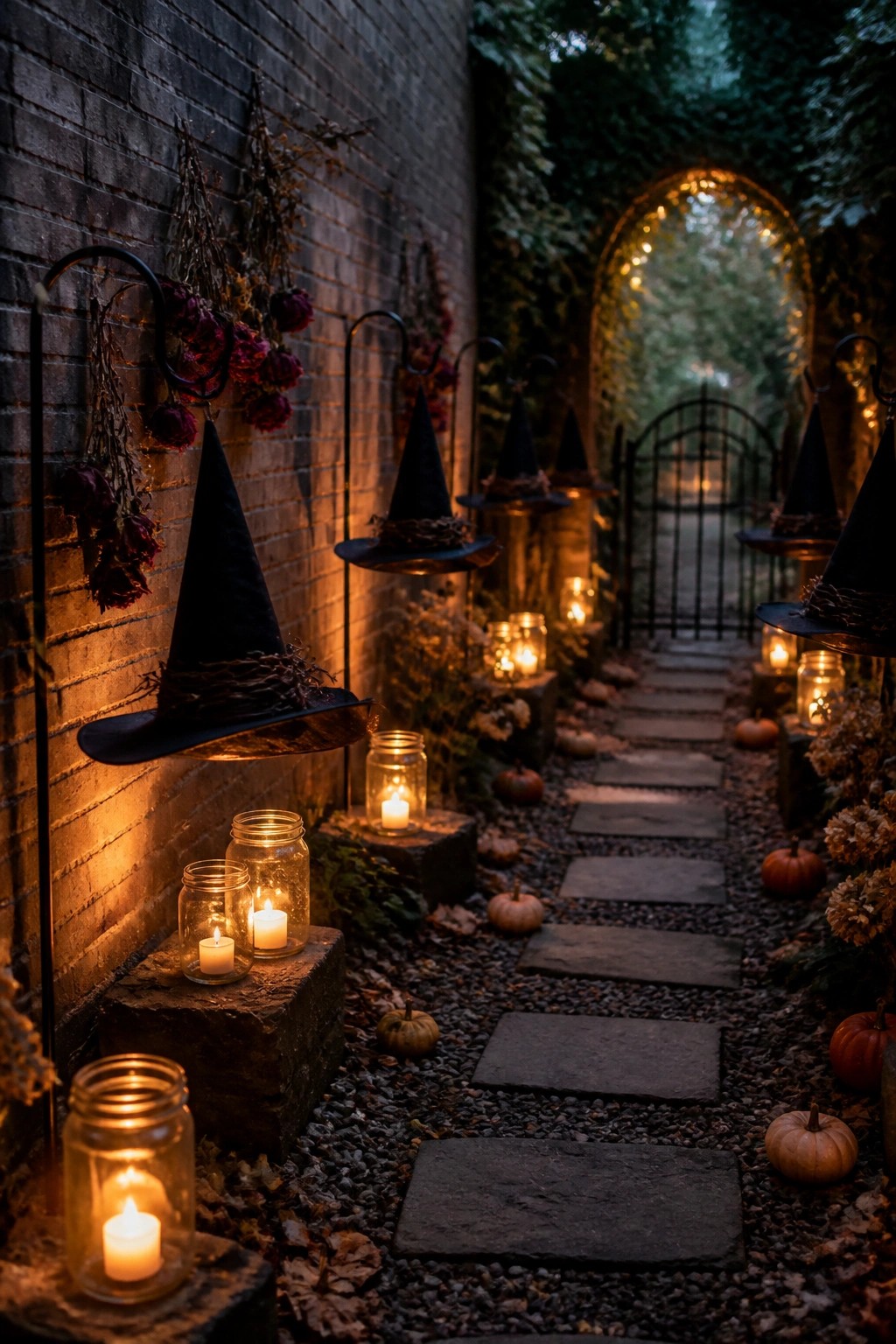 Witch hats, candlelit jars, and pumpkins line a stone garden path at night.